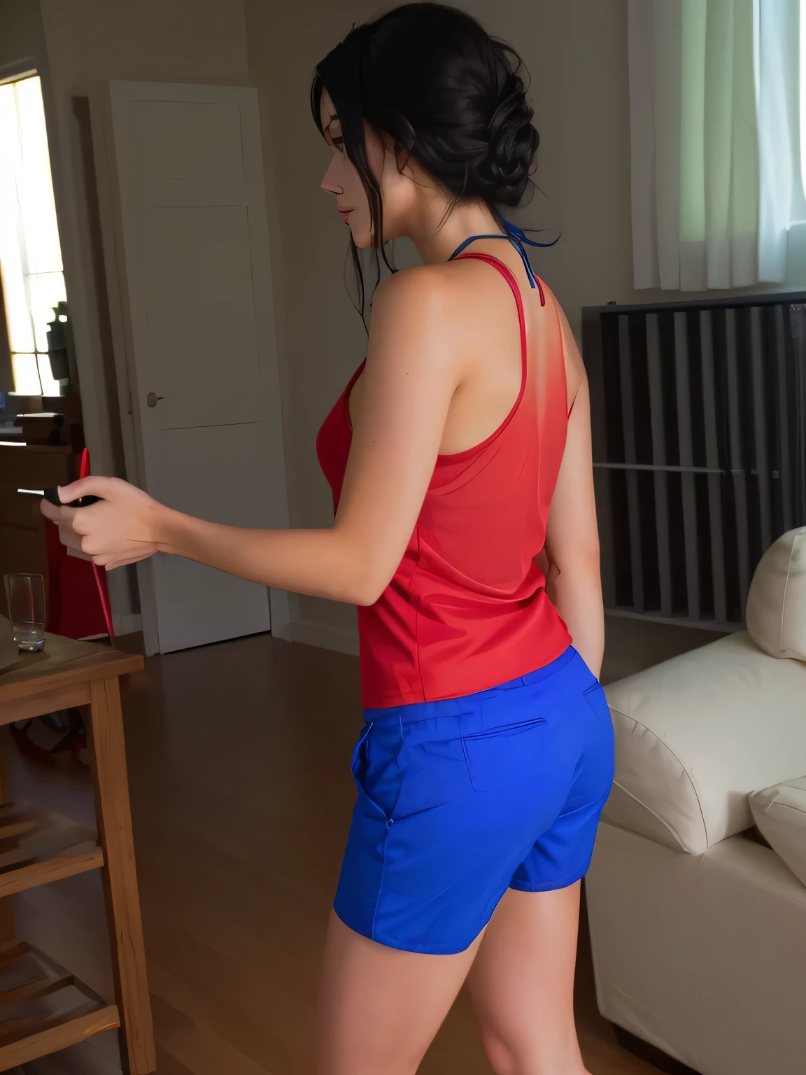 there is a woman in a red shirt and blue shorts standing on a flight of stairs, seen from the back, blue shorts and a red t-shirt, wearing a red tank top and blue shorts, photographed from the back, wearing: tank top, seen from the back, dark blue shorts and a tank top red, back photo, shades of blue and red, blue red, wearing blue shorts, masterpiece, clear photo, high quality, high resolution (ultra quality masterpiece), Ultra HD, high contrast, 16K. Masterpiece: 1.3, high resolution, (photographically realistic), NUDE, NUDITY, NFSW.
16K