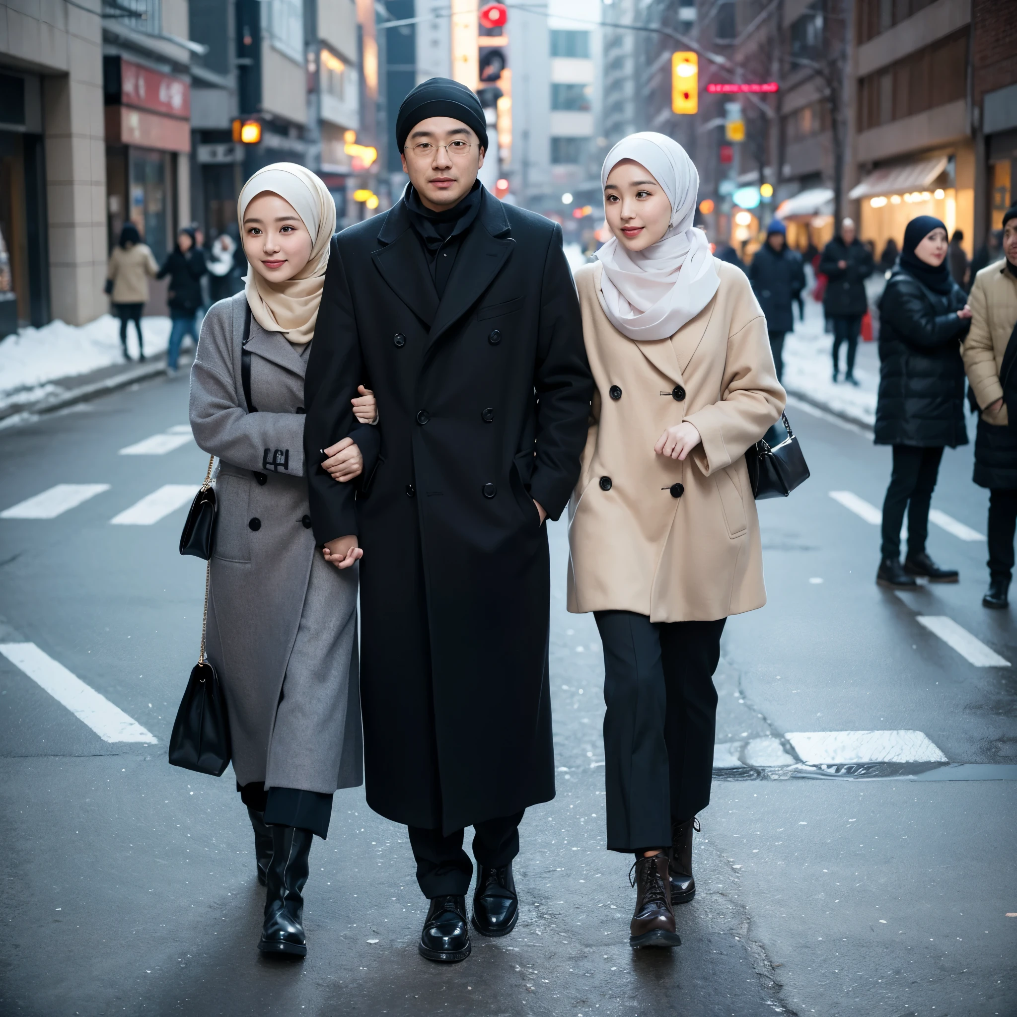 On the street, two person, a couple, a asian man and a woman (wear hijab), Photos from the neck down, a date, TOKYOcty, Winter, kou, Winter clothing, wearing boots, look at the camera