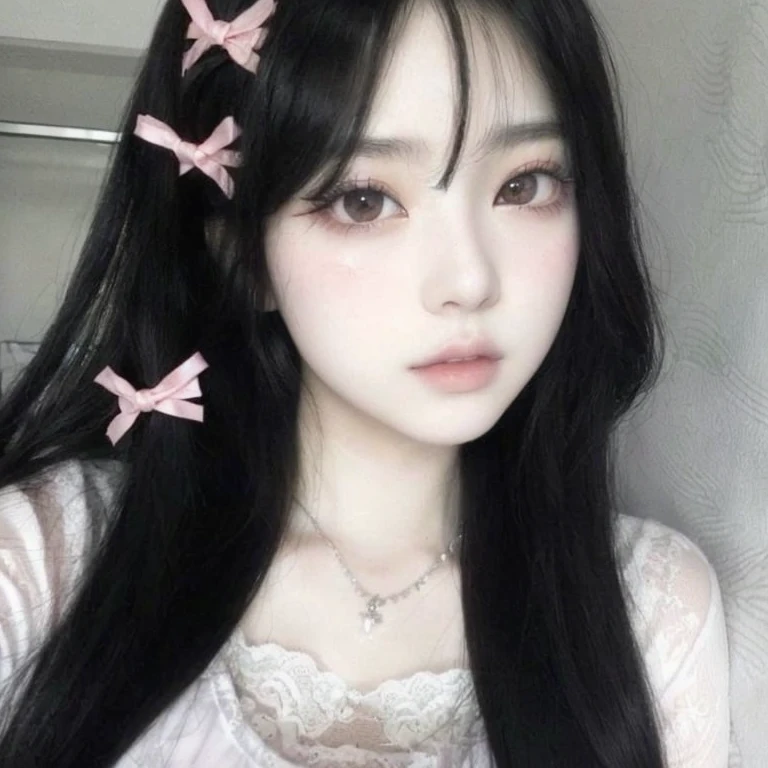 un primer plano de una mujer con cabello largo y negro que lleva un lazo rosa, ulzzang, retrato realista kawaii, cruel korean gothic girl, linda cara de anime natural, pelo cortado hime negro, chica anime en la vida real, pelo negro y ojos grandes, linda chica kawaii, peinado de corte hime blanco, con pelo largo y ojos penetrantes, 1 7 anime gothic girl