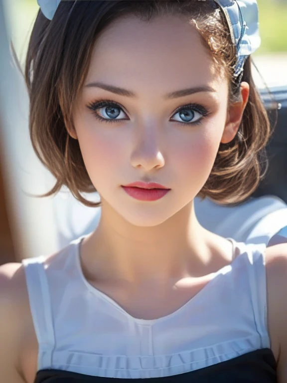 (best quality, 8k, photorealistic:1.5), (solo, one girl:1.5),(shine a bright light on women),(ultimate beautiful girl),(shiny skin),(oily skin),(short hairstyle:1.3),(cool beauty),Blush brown makeup , use pink glossy lipstick,(big beady eyes girl:1.5),(droopy eyes girl:1.5),(blue eyes:1.5),(thin girl:1.5),(baby face),(healthy body),(sex appeal),(sweet smelling girl),(she works for low wages),(kind-hearted woman),(looks fun:1.3),(she is very sociable),(from a very poor family),(virgin girl),chuuChloe,(impressive eyes:1.5),(clean girl),(affability),(cute smile),(good personality),(serious personality),(relaxing time),(compassion),(impurity),(love filled),(No love experience),(ager:1.2),(Maid Costume Play:1.5)