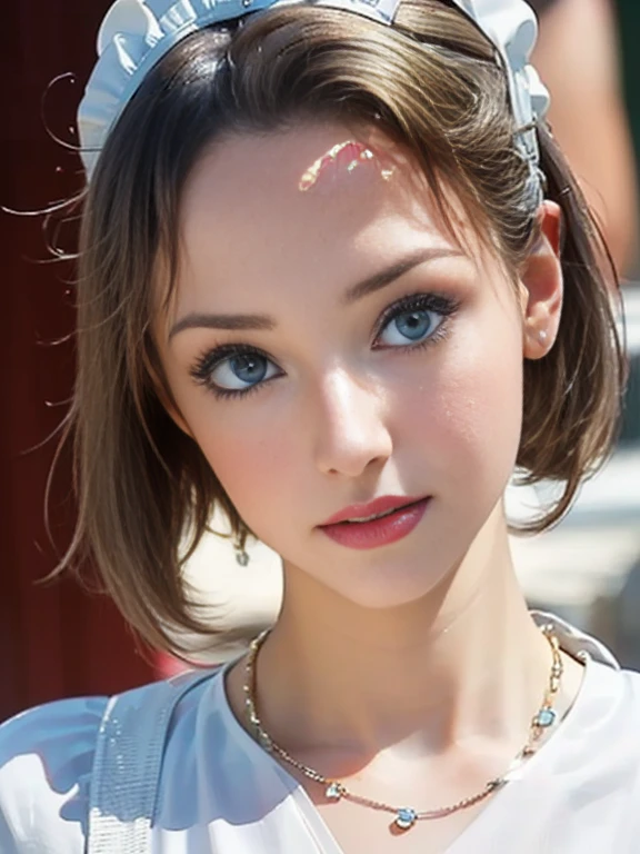 (best quality, 8k, photorealistic:1.5), (solo, one girl:1.5),(shine a bright light on women),(ultimate beautiful girl),(shiny skin),(oily skin),(short hairstyle:1.3),(cool beauty),Blush brown makeup , use pink glossy lipstick,(big beady eyes girl:1.5),(droopy eyes girl:1.5),(blue eyes:1.5),(thin girl:1.5),(),(healthy body),(sex appeal),(sweet smelling girl),(she works for low wages),(kind-hearted woman),(looks fun:1.3),(she is very sociable),(from a very poor family),(virgin girl),chuuChloe,(impressive eyes:1.5),(clean girl),(affability),(cute smile),(good personality),(serious personality),(relaxing time),(compassion),(impurity),(love filled),(No love experience),(teenager:1.2),(Maid Costume Play:1.5)