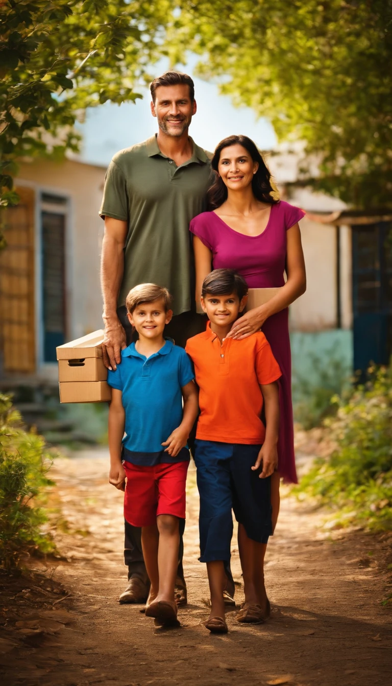 Man with his wife and two children with some cardboard boxes in their hands
