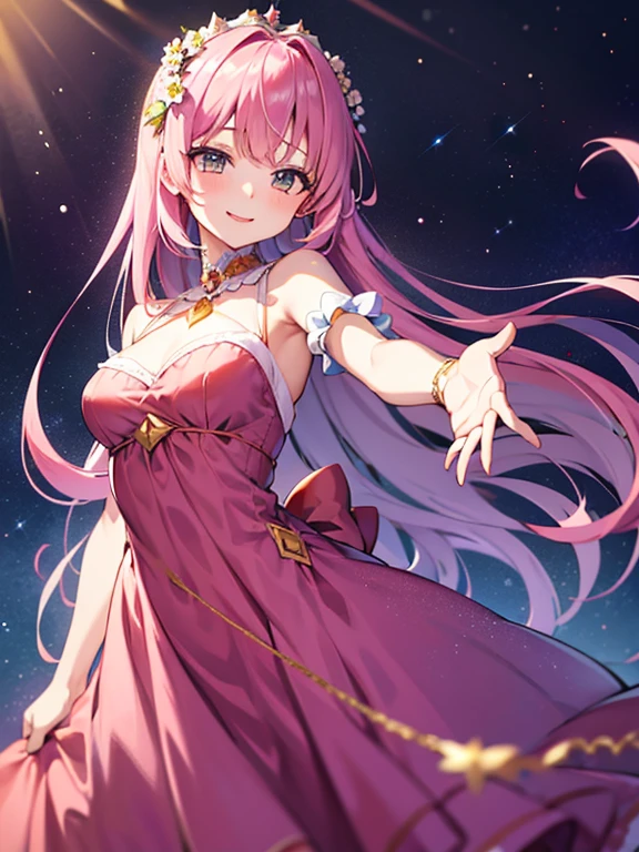 An adult woman with pink eyes, long bright pink hair with fox ears. Wears an elegant dress. She must be wearing a pink leggings. she comes from wonderland