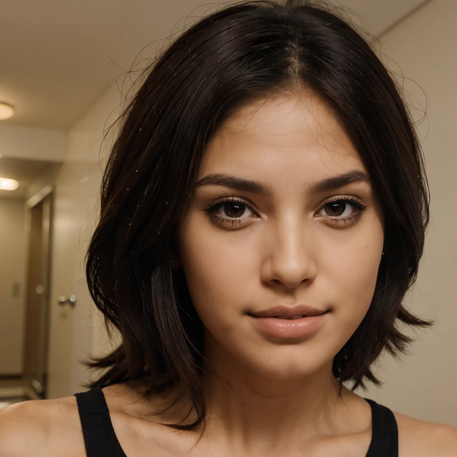 ((melhor qualidade)), ((ultra res)), ((fotorrealista)), (detalhes intrincados), 19 anos, cabelo preto, rosto perfeito, maquiagem:1.5, luz no rosto, detalhe do rosto, NAKED, curto cabelo,