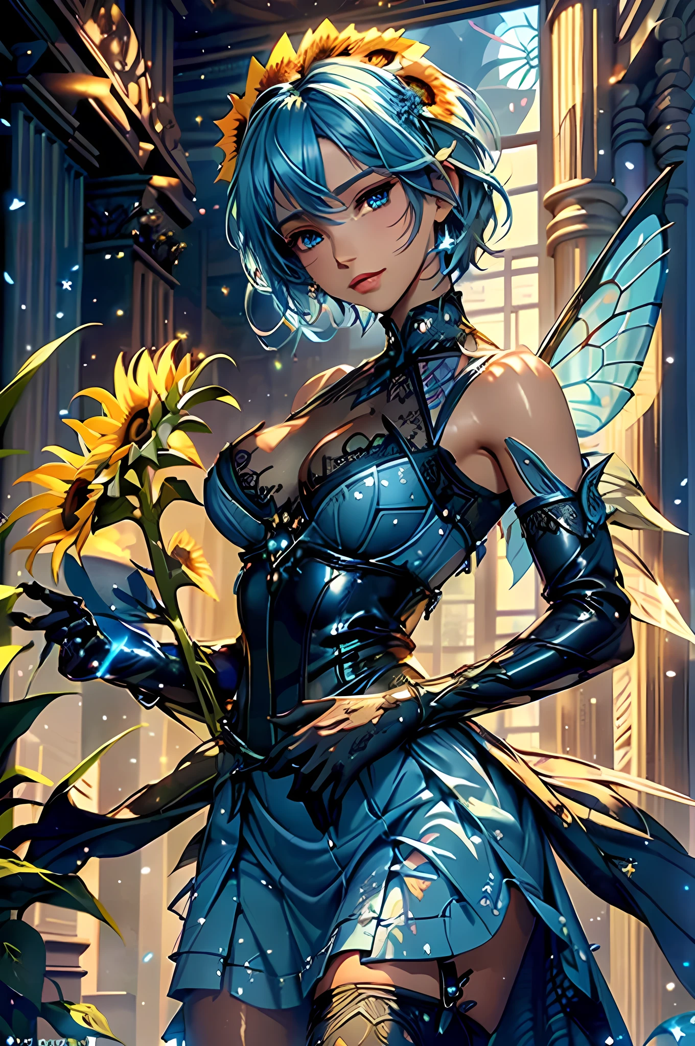 high details, best quality, 16k, RAW, [best detailed], masterpiece, best quality, (extremely detailed), GlowingRunes_paleblue, full body, ultra wide shot, photorealistic, fantasy art, RPG art, D&D art, a picture of a fairy selling flowers in a florist shop, extremely beautiful fairy, ultra feminine (intense details, Masterpiece, best quality), (Blue: 1.3) butterfly wings (intense details, Masterpiece, best quality), blue and white wings (intense details, Masterpiece, best quality),  azure hair, pixie cut hair, shinning hair, flowing hair, shy smile, innocent smile, blue eyes, wearing bright blue skirt, dynamic elegant shirt, chocker, wearing high heels, in flower shop (intense details, Masterpiece, best quality), extreme many (sunflowers: 1.3) (intense details, Masterpiece, best quality), sunflower shop in a modern era street, High Detail, Ultra High Quality, High Resolution, 16K Resolution, Ultra HD Pictures, Ultra Realistic, Clear Details, Realistic Detail, Ultra High Definition, Big Fairy Wings, wearing edgLL leather lingerie