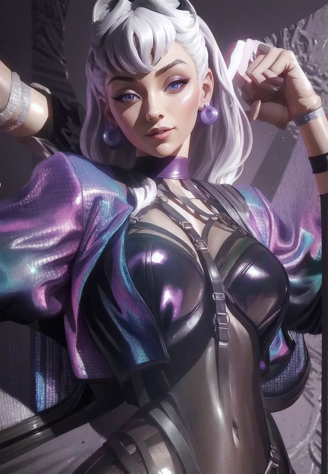 { - anatomy error} (Masterpiece - Ultra-detailed, very high resolution)  1woman, 30 years old, evekda, white hair, earings, in black, cropped purple-blue jacket, (harness bra), 3d, render, dinamic poses