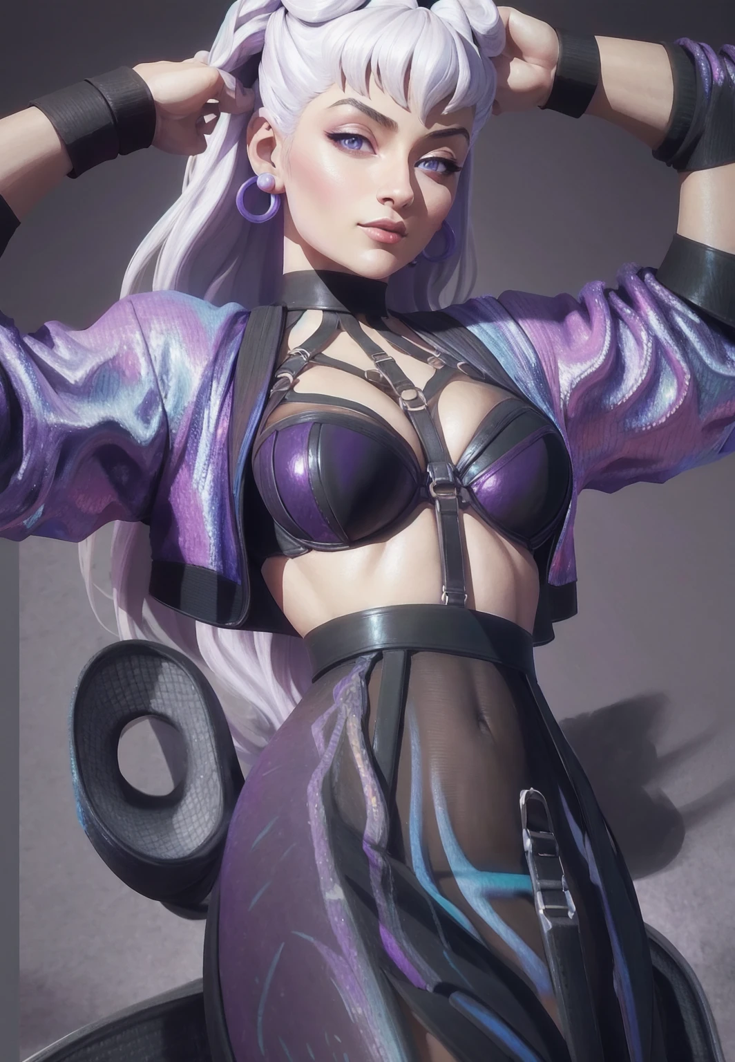 { - anatomy error} (Masterpiece - Ultra-detailed, very high resolution) 1woman, 30 years old, evekda, white hair, earings, in black, cropped purple-blue jacket, (harness bra), 3d, render, dinamic poses