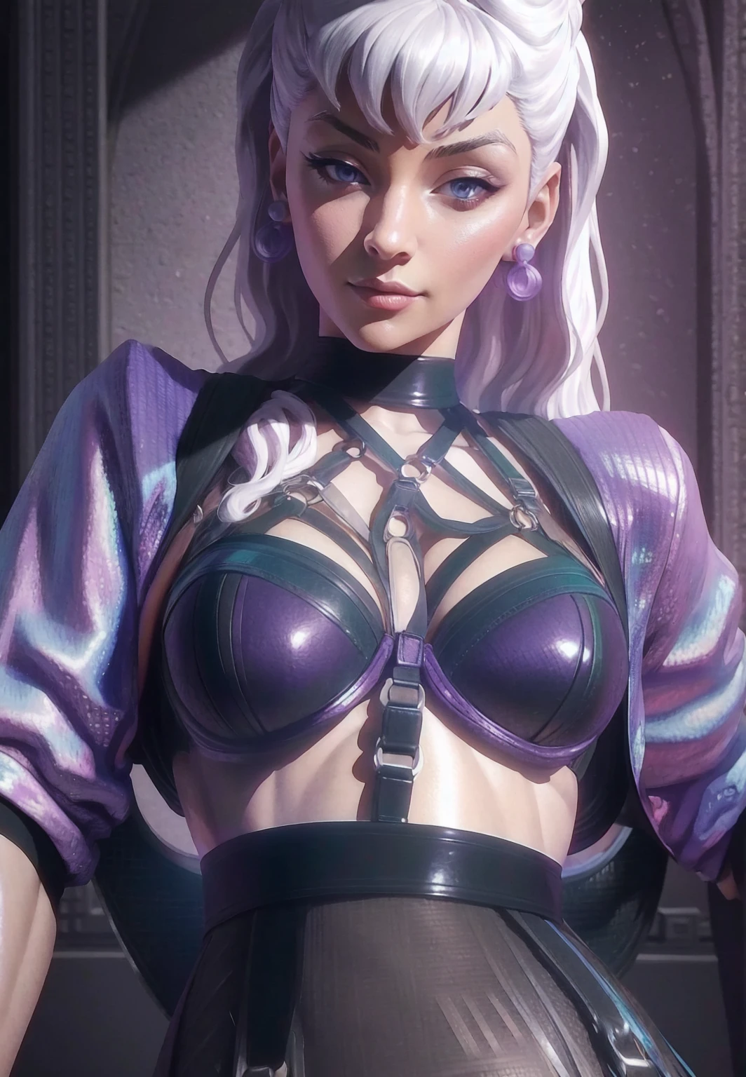 { - anatomy error} (Masterpiece - Ultra-detailed, very high resolution)  1woman, 30 years old, evekda, white hair, earings, in black, cropped purple-blue jacket, (harness bra), 3d, render, dinamic poses