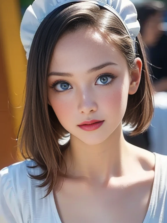 (best quality, 8k, photorealistic:1.5), (solo, one girl:1.5),(shine a bright light on women),(ultimate beautiful girl),(shiny skin),(oily skin),(short hairstyle:1.3),(cool beauty),Blush brown makeup , use pink glossy lipstick,(big beady eyes girl:1.5),(droopy eyes girl:1.5),(blue eyes:1.5),(thin girl:1.5),(baby face),(healthy body),(sex appeal),(sweet smelling girl),(she works for low wages),(she is very sociable),(from a very poor family),(virgin girl),chuuChloe,(impressive eyes:1.5),(clean girl),(affability),(cute smile),(good personality),(serious personality),(relaxing time),(compassion),(impurity),(love filled),(No love experience),(teenager:1.2),(Maid Costume Play:1.5)