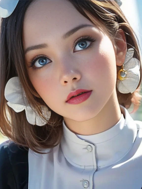 (best quality, 8k, photorealistic:1.5), (solo, one girl:1.5),(shine a bright light on women),(ultimate beautiful girl),(shiny skin),(oily skin),(short hairstyle:1.3),(cool beauty),Blush brown makeup , use pink glossy lipstick,(big beady eyes girl:1.5),(droopy eyes girl:1.5),(blue eyes:1.5),(thin girl:1.5),(baby face),(healthy body),(sex appeal),(sweet smelling girl),(she works for low wages),(she is very sociable),(from a very poor family),(virgin girl),chuuChloe,(impressive eyes:1.5),(clean girl),(affability),(cute smile),(good personality),(serious personality),(relaxing time),(compassion),(impurity),(love filled),(No love experience),(teenager:1.2),(Maid Costume Play:1.5)
