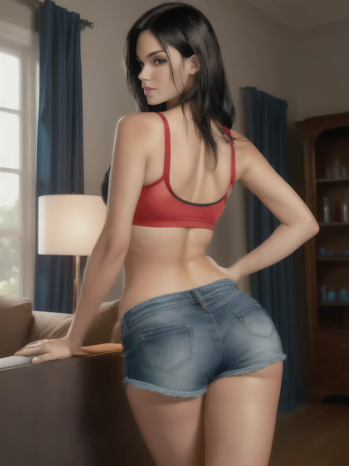 A beautiful light brunette woman, black hair, red tank top and blue shorts playing wii in the living room, attacking the camera: 4, leg and hip shot, photo taken from behind, her back is turned, side view of her taking steps . (ultra quality masterpiece) with toned body, 35 years old, 1.62 tall, 60 kg, best quality, perfect face, perfect mouth, perfect hands, (((black hair))), is standing, ( full body) wearing a tank top (((red top)) )), short blue shorts (((short blue shorts)))), dark brown hair, short blue shorts for gym training, tanned body, sexy pose, good legs shapely, well-defined, high contrast, Ultra HD, high contrast, 16K. photorealistic, detailed and realistic hands, 5 fingers per hand, alone, dark hair, green thong bikini, full body photo, clear, high quality photo. Beautiful woman, extremely sexy, very sensual. Masterpiece: 1.3, high resolution, (photographically realistic), 8k, NUDE, NUDITY, NFSW.