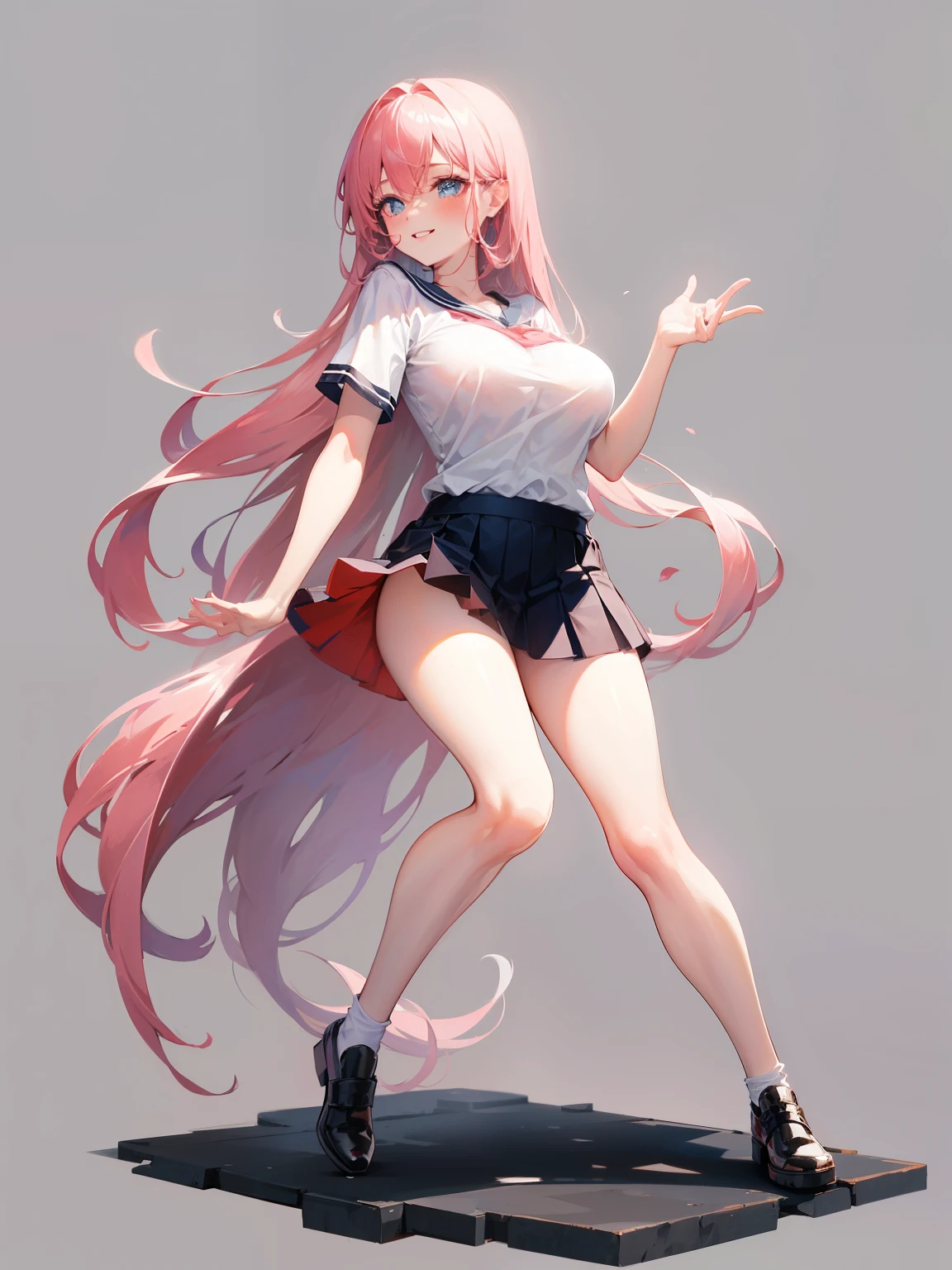 one youg girl, long Pink hair, blue eyes,with blush cheeks,Show Legs, large full breasts,(full-body view), Pretty Face, smilling, school shirt and skirt, (white empty background), erotic posing,Dynamic posing,Arrange pose,dramatic, simple pose