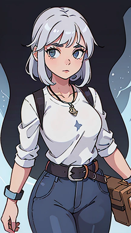 Aria's attire consists of a tight, form-fitting shirt made of white fabric, showcasing her curves without being too revealing. The shirt is contrasted with a pair of loose, dark blue pants that hang low on her hips, revealing a hint of her curves. Accompanying her outfit is a black leather belt, adorned with silver buckles and studs, fitted snuggly around her waist. A small, silver pendant with a healing symbol hangs from a thin chain around her neck, emphasizing her role as a healer.