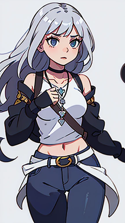 Aria's attire consists of a tight, form-fitting shirt made of white fabric, showcasing her curves without being too revealing. The shirt is contrasted with a pair of loose, dark blue pants that hang low on her hips, revealing a hint of her curves. Accompanying her outfit is a black leather belt, adorned with silver buckles and studs, fitted snuggly around her waist. A small, silver pendant with a healing symbol hangs from a thin chain around her neck, emphasizing her role as a healer.
