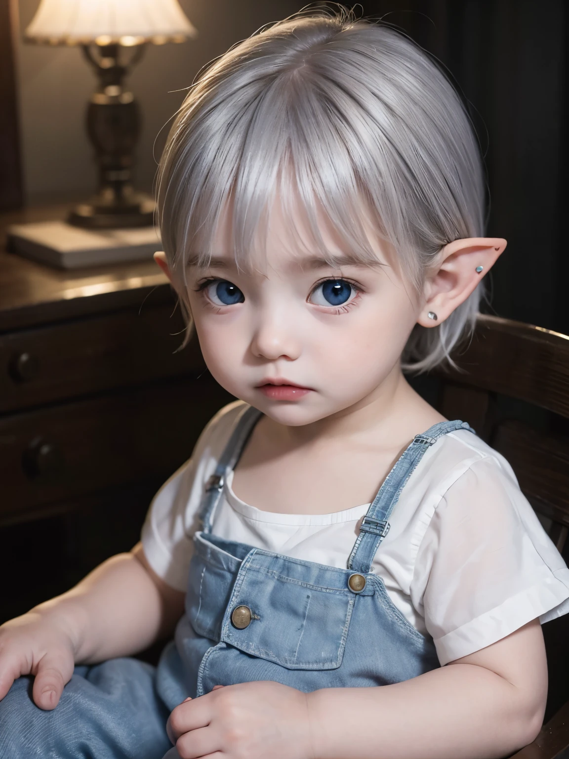 A baby,Silver hair , blue eyes, boy, baby Elf ear, 1 year old baby, Alone ,Vampire tooth