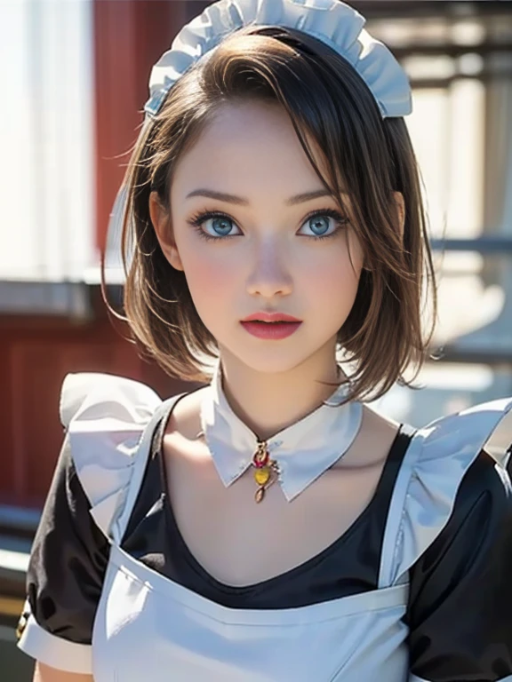 (best quality, 8k, photorealistic:1.5), (solo, one girl:1.5),(shine a bright light on women),(ultimate beautiful girl),(shiny skin),(oily skin),(short hairstyle:1.3),(cool beauty),Blush brown makeup , use pink glossy lipstick,(big beady eyes girl:1.5),(droopy eyes girl:1.5),(blue eyes:1.5),(thin girl:1.5),(baby face),(healthy body),(sex appeal),(sweet smelling girl),(she works for low wages),(she is very sociable),(from a very poor family),(virgin girl),chuuChloe,(impressive eyes:1.5),(clean girl),(affability),(cute smile),(good personality),(serious personality),(relaxing time),(compassion),(impurity),(love filled),(No love experience),(teenager:1.2),(Maid Costume Play:1.5)