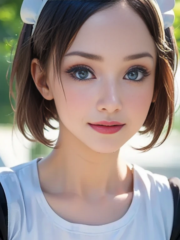 (best quality, 8k, photorealistic:1.5), (solo, one girl:1.5),(shine a bright light on women),(ultimate beautiful girl),(shiny skin),(oily skin),(short hairstyle:1.3),(cool beauty),Blush brown makeup , use pink glossy lipstick,(big beady eyes girl:1.5),(droopy eyes girl:1.5),(blue eyes:1.5),(thin girl:1.5),(baby face),(healthy body),(sex appeal),(sweet smelling girl),(she works for low wages),(she is very sociable),(from a very poor family),(virgin girl),chuuChloe,(impressive eyes:1.5),(clean girl),(affability),(cute smile),(good personality),(serious personality),(relaxing time),(compassion),(impurity),(love filled),(No love experience),(ager:1.2),(Maid Costume Play:1.5)