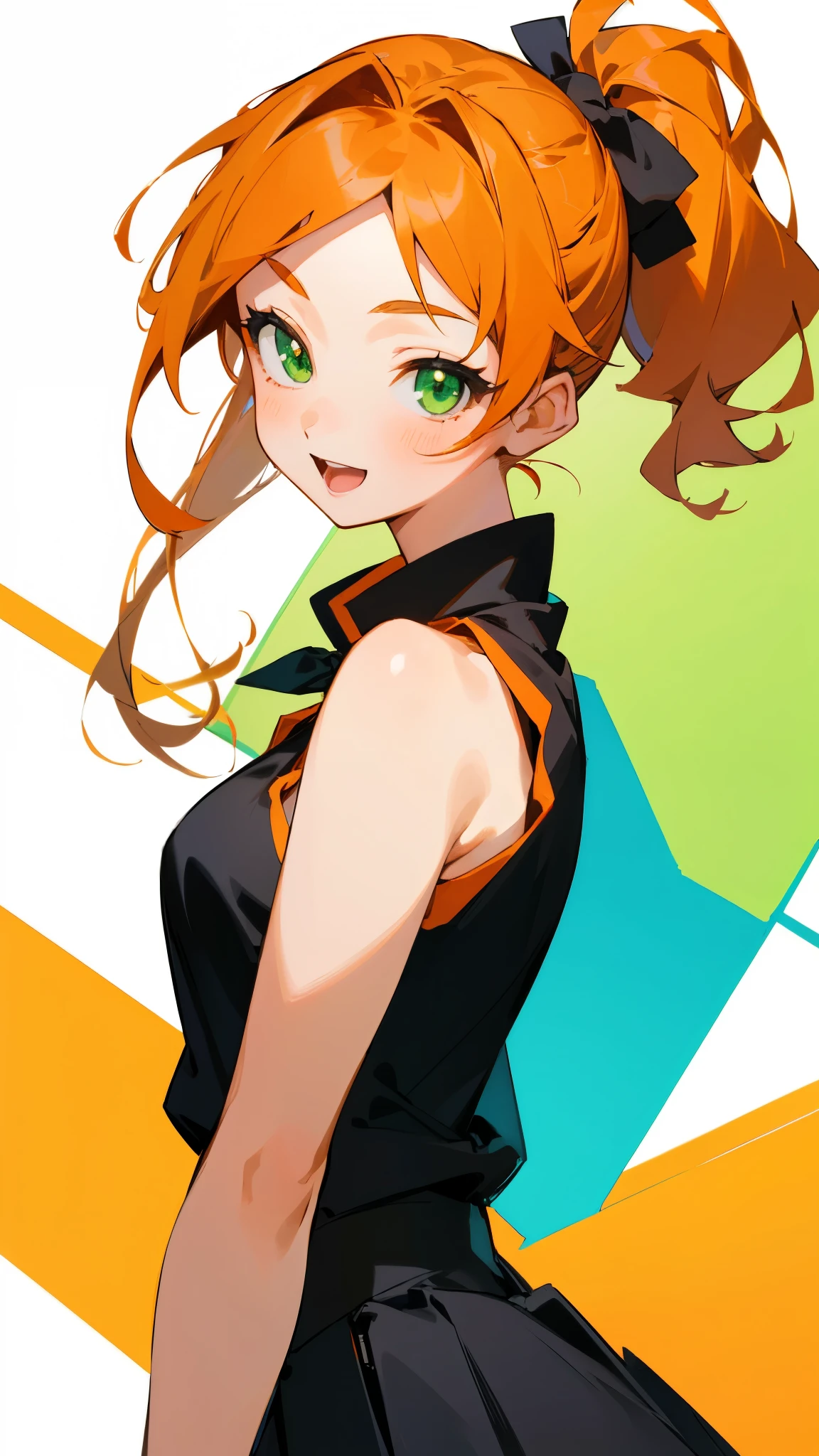 masterpiece、highest quality、1 girl、anime painting、Orange Hair、Beautiful green eyes、Side Ponytail、Sleeveless shirt、Black Skirt、Upper body close-up、From the side、smile、Open your mouth、Sharp contours