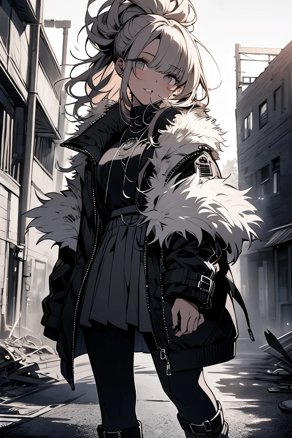 a woman redhaired, leggings, pleated skirt, sports top, high ponytail, high boots, long fur jacket, on a hazy moonlit night in a ghost town, monochrome style, line art, detailed face, detailed eye's, detailed lips, wide hips