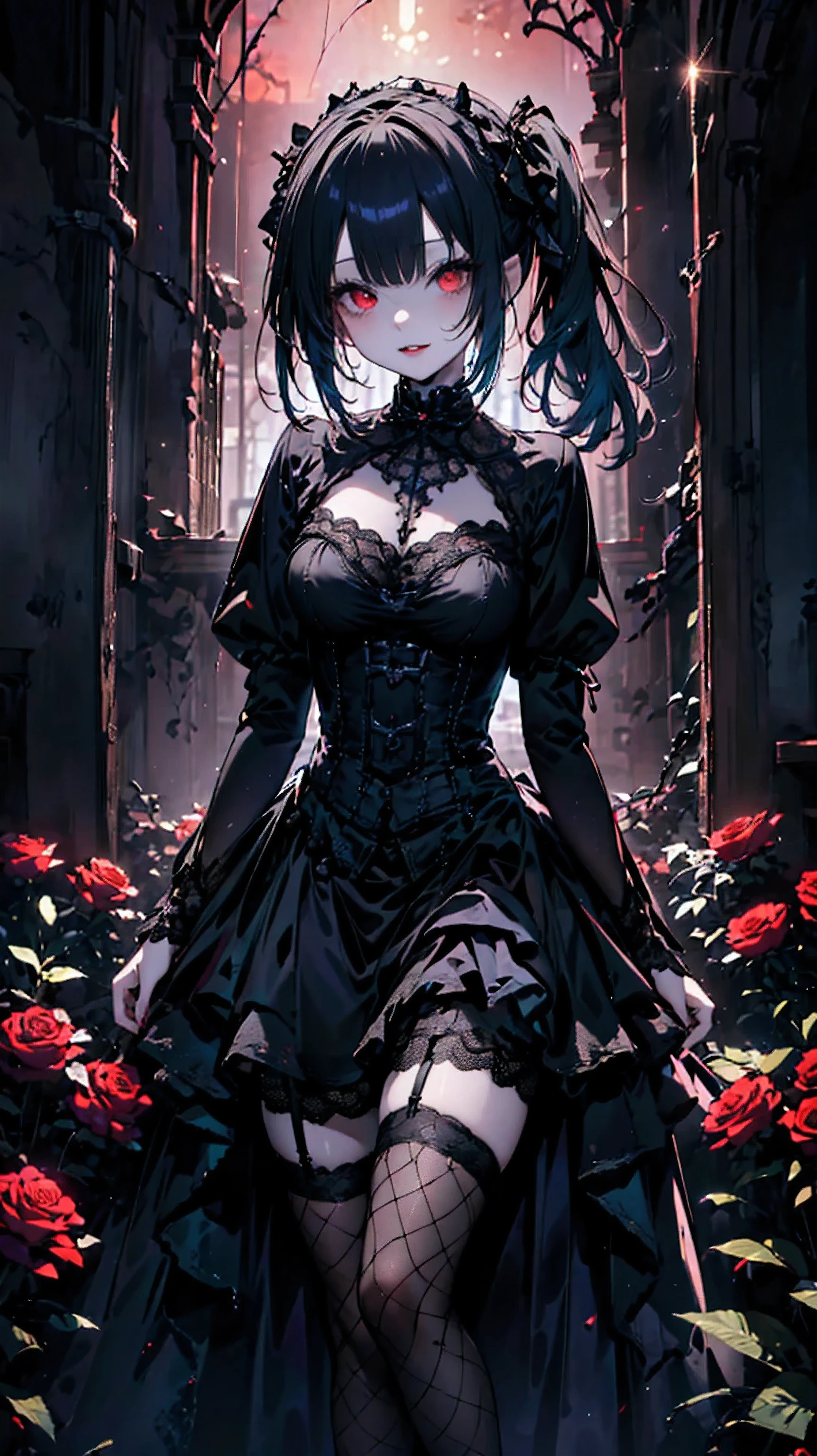 ((highest quality)), ((masterpiece)), (detailed), 8k,Perfect Face,woman１people、(Gothic ****ta:1.6)、Black Dress、Frill dress、15 years old、Black Hair、Twin tails、Red eyes、Glowing Eyes、darknesonochrome