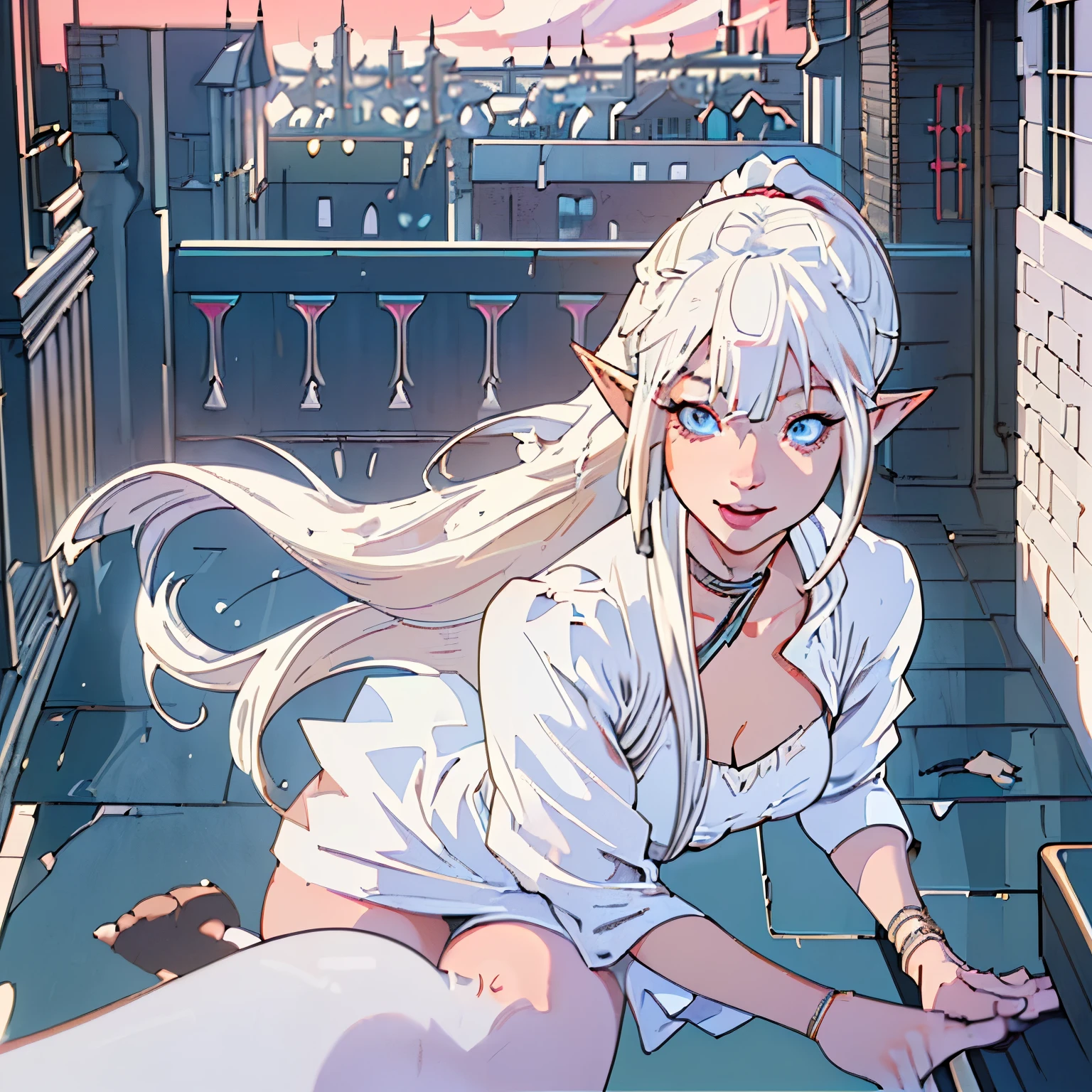 official art, masterpiece, sharp focus, (beautiful gorgeous hot albino elf woman:1.3), (hot albino elf:1.3), elf beauty, Delicate and beautiful hair and eyes and face, realistic, ultra detailed, beautiful girl, pink sky, (sidelighting:1.2), moon light, white cloud, detailed clouds, slender, Lovely very large breasts and very large hips, smile with kind eyes, ((smile with eyes, open both eyes)), scenery, long straight golden hair, sexy facial expression, building, (cityscape:1.7), dynamic hair, long straight hair, detailed blonde hair, soft ponytail hair style, glow blue eyes, (white dress, sexy neckline), white long socks, pale skin, hair ornament, epic scenery,