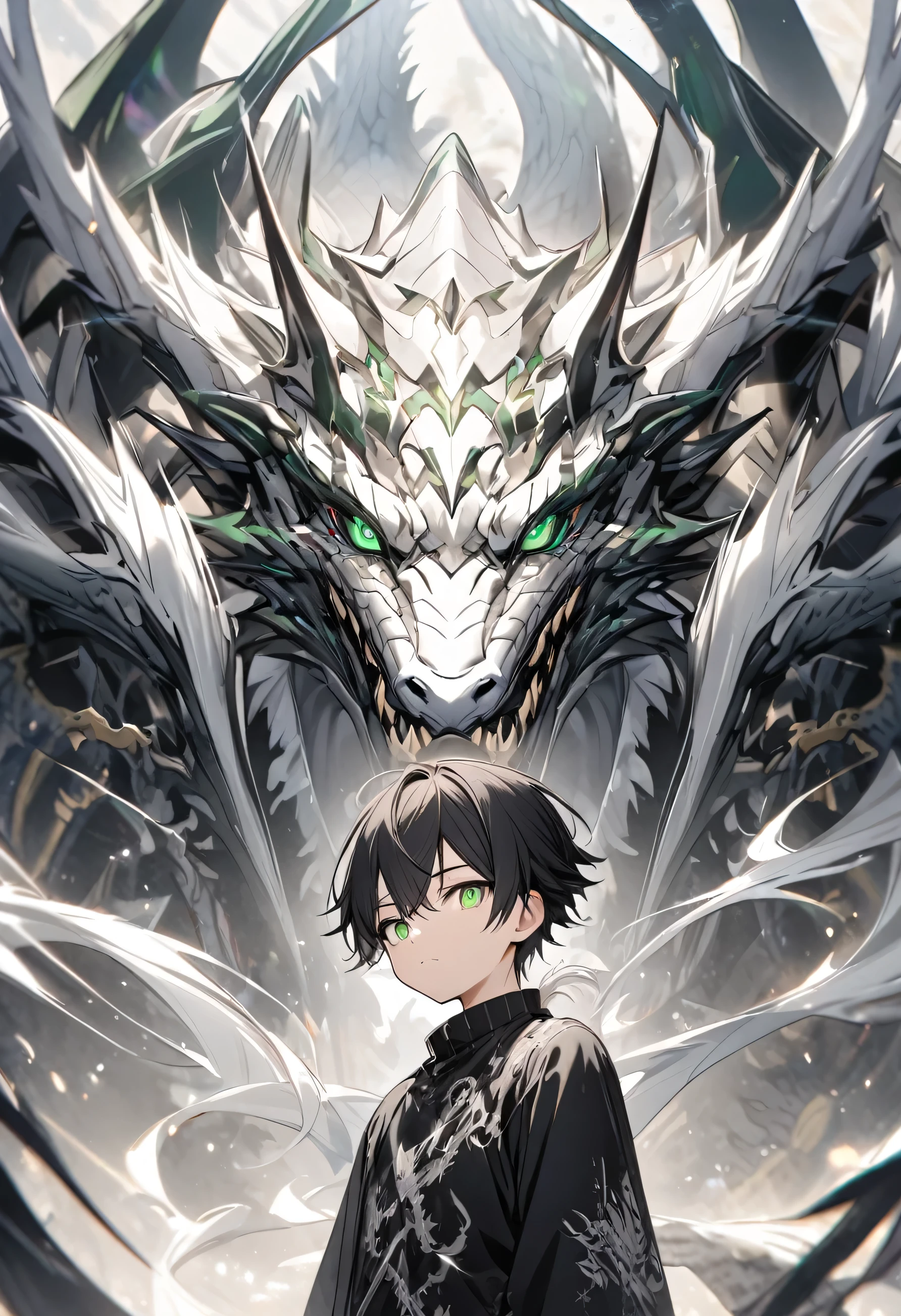 Green-eyed boy with black hair and white hair with black clothes with touches of white and a small black and silver dragon