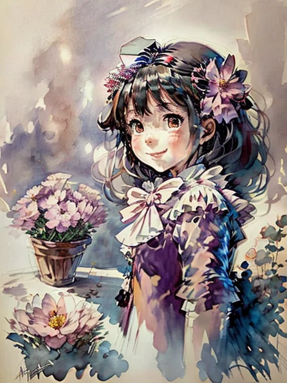 anime Frau, in einem Prinzessinnen-Rosenkleid, detailreich wunderbar, Stars and flowers dance around the sweet girl with a sweet smile, langes Kleid, kein tiefer Ausschnitt