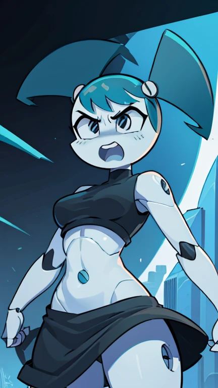 High quality portrait of Jenny Wakeman fighting aliens in a futuristic city. Day time. Angry face. Robot body, robot joints. Black bolt on belly button, black big skirt