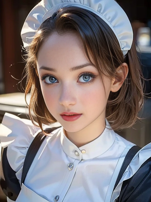 (best quality, 8k, photorealistic:1.5), (solo, one girl:1.5),(shine a bright light on women),(ultimate beautiful girl),(shiny skin),(oily skin),(short hairstyle:1.3),(cool beauty),Blush brown makeup , use pink glossy lipstick,(big beady eyes girl:1.5),(droopy eyes girl:1.5),(blue eyes:1.5),(thin girl:1.5),(),(healthy body),(sex appeal),(sweet smelling girl),(she works for low wages),(she is very sociable),(from a very poor family),(virgin girl),chuuChloe,(impressive eyes:1.5),(clean girl),(affability),(cute smile),(good personality),(serious personality),(relaxing time),(compassion),(impurity),(love filled),(No love experience),(teenager:1.2),(Lovely),(Maid Costume:1.5)