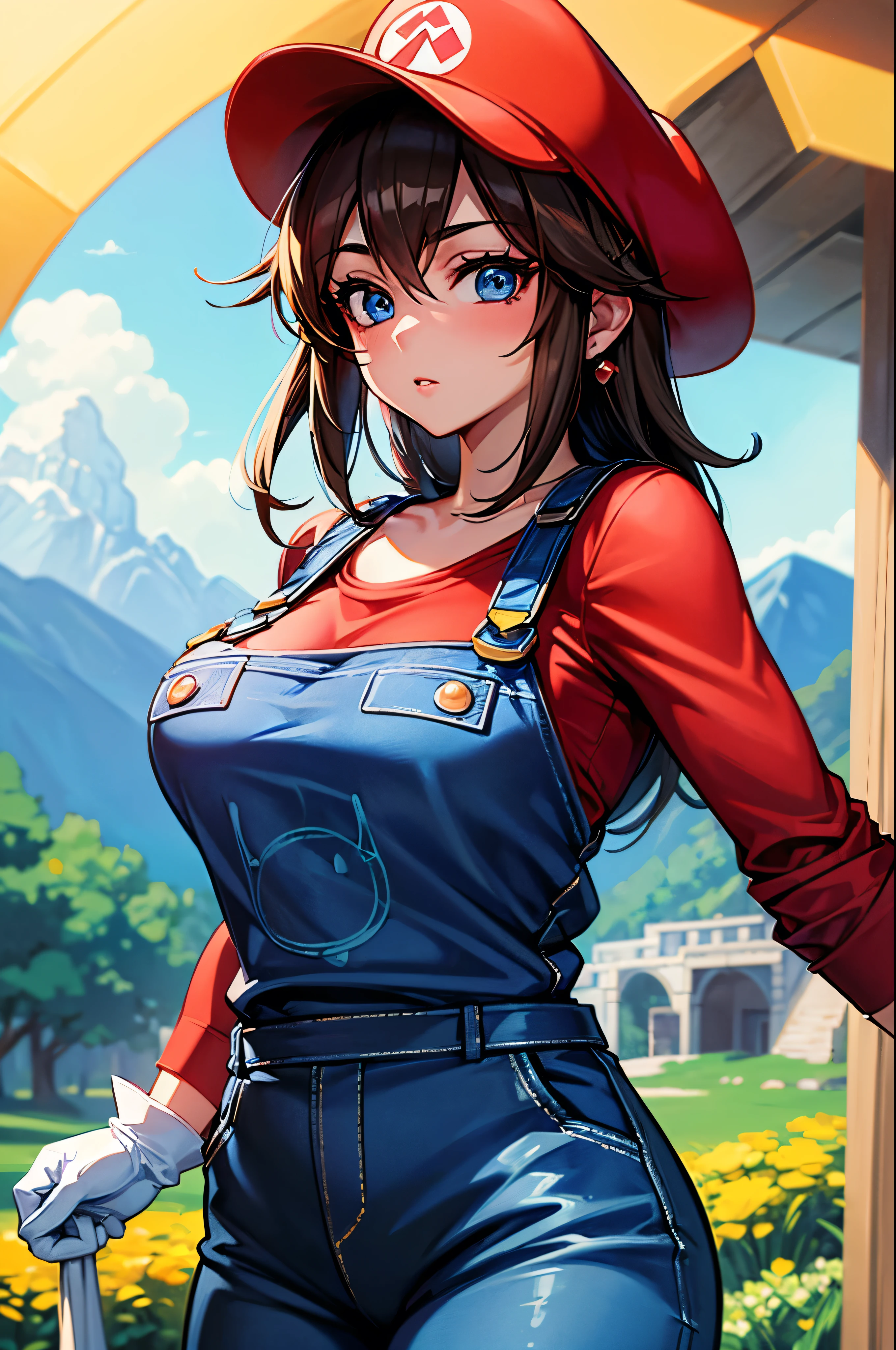 (masterpiece, best quality:1.2), expressive eyes, perfect face, highres, 1girl, solo, (female:1.5), supermario, blue overalls, red shirt, red cap, (white gloves:1.1), blue eyes, landscape, hold a mushroom, standing, upper body portrait, looking at the viewer