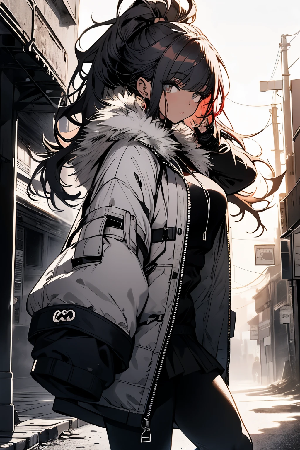 a woman redhaired, leggings, pleated skirt, sports top, high ponytail, high boots, long fur jacket, on a hazy moonlit night in a ghost town, monochrome style, line art, detailed face, detailed eye's, detailed lips, wide hips