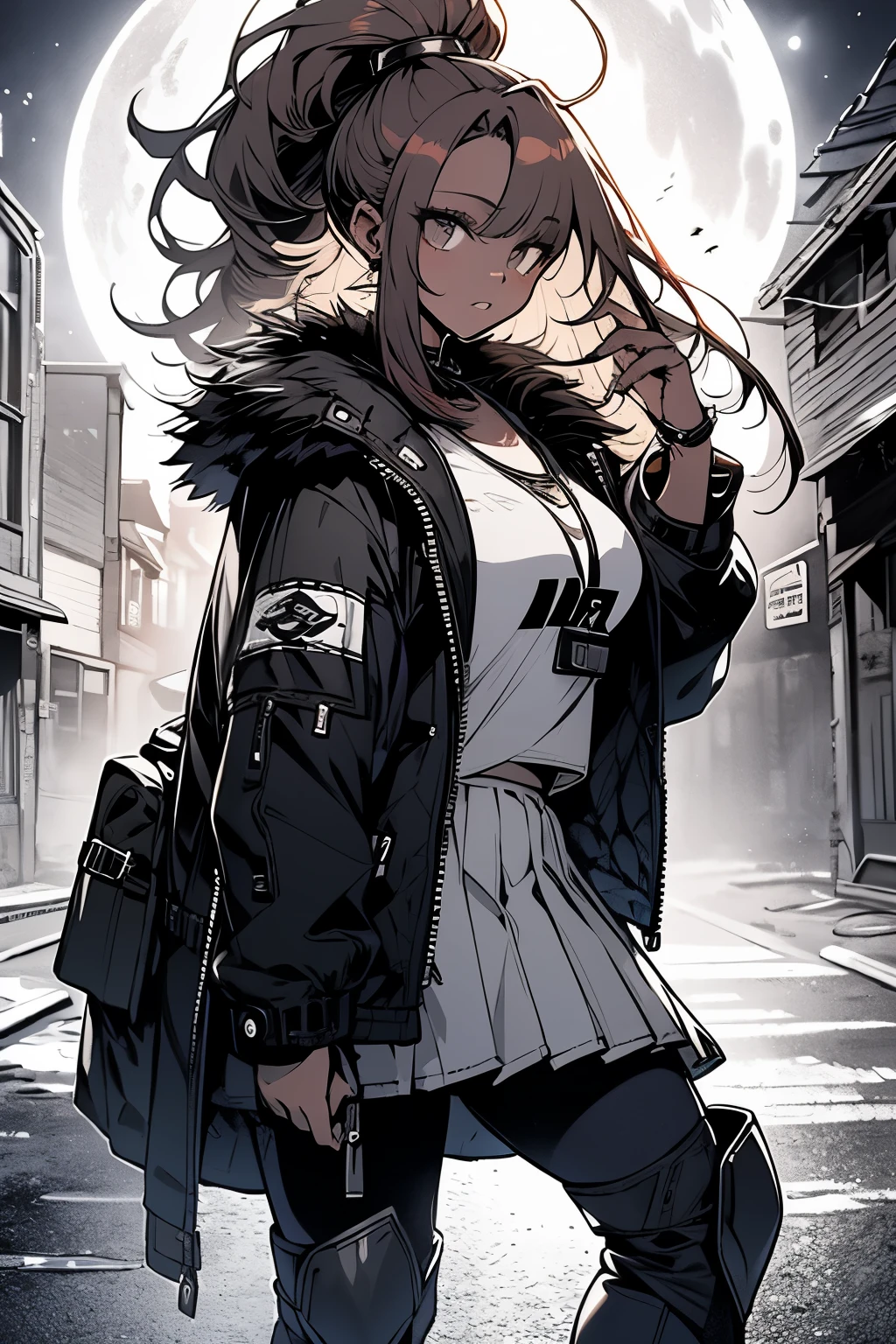 a woman redhaired, leggings, pleated skirt, sports top, high ponytail, high boots, long fur jacket, on a hazy moonlit night in a ghost town, monochrome style, line art, detailed face, detailed eye's, detailed lips, wide hips
