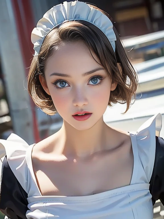 (best quality, 8k, photorealistic:1.5), (solo, one girl:1.5),(shine a bright light on women),(ultimate beautiful girl),(shiny skin),(oily skin),(short hairstyle:1.3),(cool beauty),Blush brown makeup , use pink glossy lipstick,(big beady eyes girl:1.5),(droopy eyes girl:1.5),(blue eyes:1.5),(thin girl:1.5),(),(healthy body),(sex appeal),(sweet smelling girl),(she works for low wages),(she is very sociable),(from a very poor family),(virgin girl),chuuChloe,(impressive eyes:1.5),(clean girl),(affability),(cute),(good personality),(serious personality),(relaxing time),(compassion),(impurity),(love filled),(No love experience),(teenager:1.2),(Lovely),(Maid Costume:1.5)