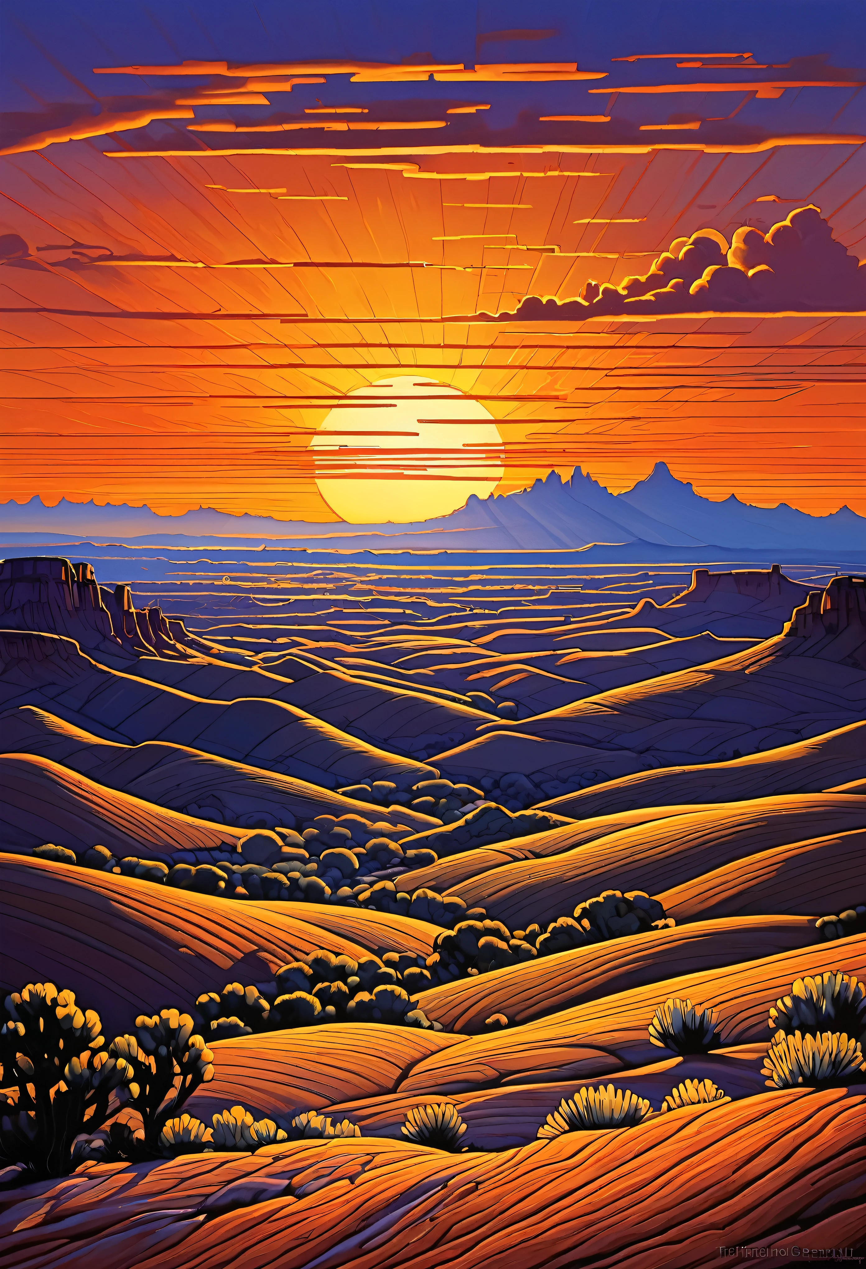 ed mell southwest landscape, sunset, clouds drawn with straight lines, Best quality, masterpiece, ultra high res