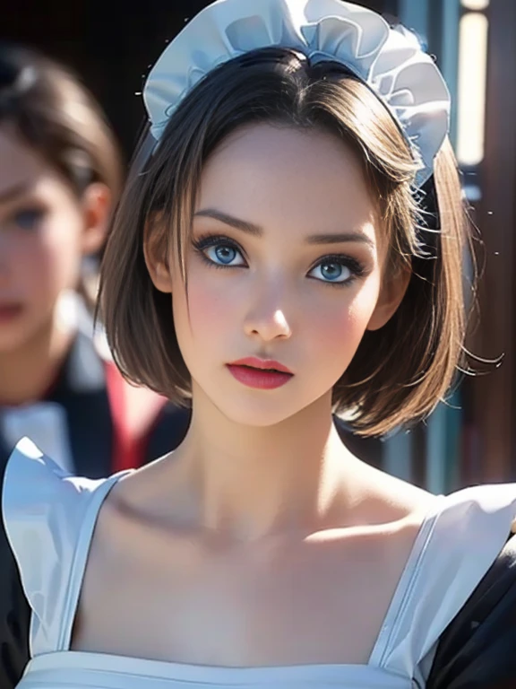 (best quality, 8k, photorealistic:1.5), (solo, one girl:1.5),(shine a bright light on women),(ultimate beautiful girl),(shiny skin),(oily skin),(short hairstyle:1.3),(cool beauty),Blush brown makeup , use pink glossy lipstick,(big beady eyes girl:1.5),(droopy eyes girl:1.5),(blue eyes:1.5),(thin girl:1.5),(),(healthy body),(sex appeal),(sweet smelling girl),(she works for low wages),(she is very sociable),(from a very poor family),(virgin girl),chuuChloe,(impressive eyes:1.5),(clean girl),(affability),(cute),(good personality),(serious personality),(relaxing time),(compassion),(impurity),(love filled),(No love experience),(teenager:1.2),(Lovely),(Maid Costume:1.5)