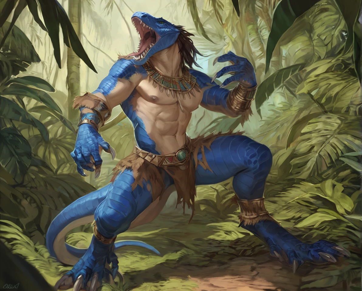 Mosasaur, comic book style, illustration, solo, abs, ferocious, male, [[badass pose]], nipples, masterpiece, best art, full body, plantigrade, by oouna, armor, detailed eyes, detailed fur, claws, detailed tail, masculine body shape, prehistoric, tall, topless, muscular