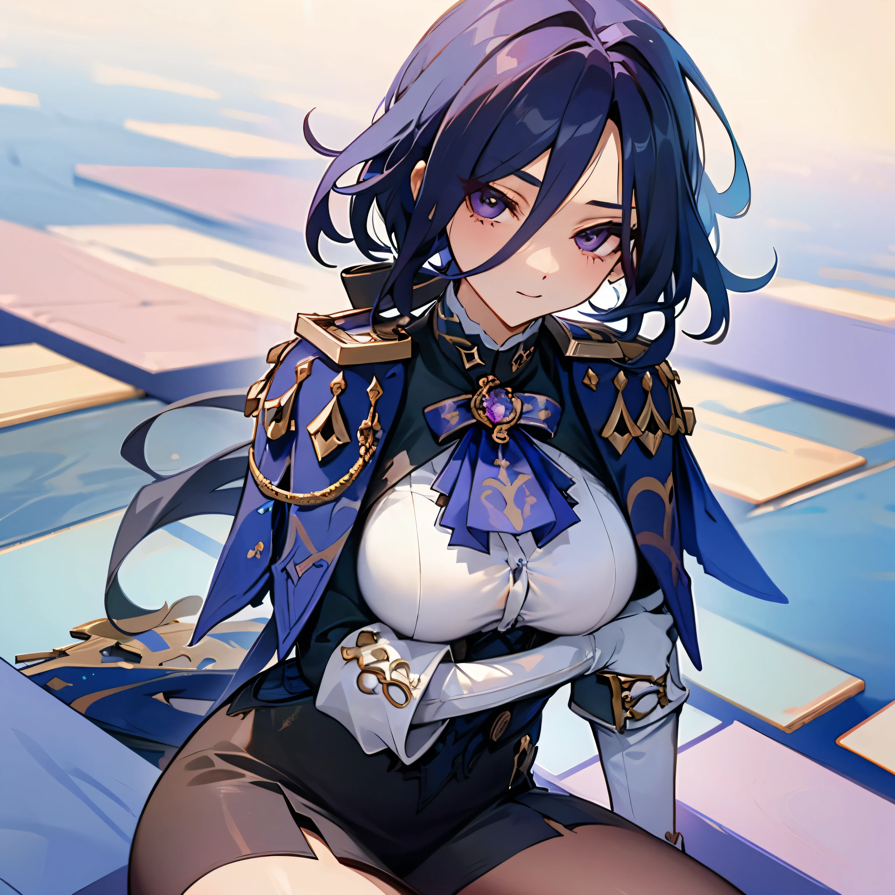 No errors, perfect, masterpiece, beautiful, perfect face,perfect body,clorinde (genshin impact), W sitting, sitting on the ground, hands between legs,medium breast, high detailed, perfect shaped breast