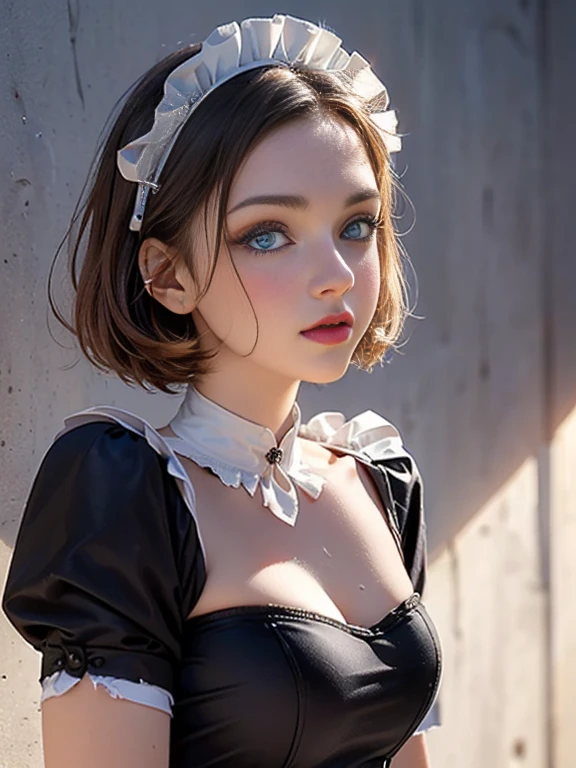 (best quality, 8k, photorealistic:1.5), (solo, one girl:1.5),(shine a bright light on women),(ultimate beautiful girl),(shiny skin),(oily skin),(short hairstyle:1.3),(cool beauty),Blush brown makeup , use pink glossy lipstick,(big beady eyes girl:1.5),(droopy eyes girl:1.5),(blue eyes:1.5),(thin girl:1.5),(baby face),(healthy body),(sex appeal),(sweet smelling girl),(she works for low wages),(she is very sociable),(from a very poor family),(virgin girl),chuuChloe,(impressive eyes:1.5),(clean girl),(affability),(cute),(good personality),(serious personality),(relaxing time),(compassion),(impurity),(love filled),(No love experience),(teenager:1.2),(Lovely),(Maid Costume:1.5)