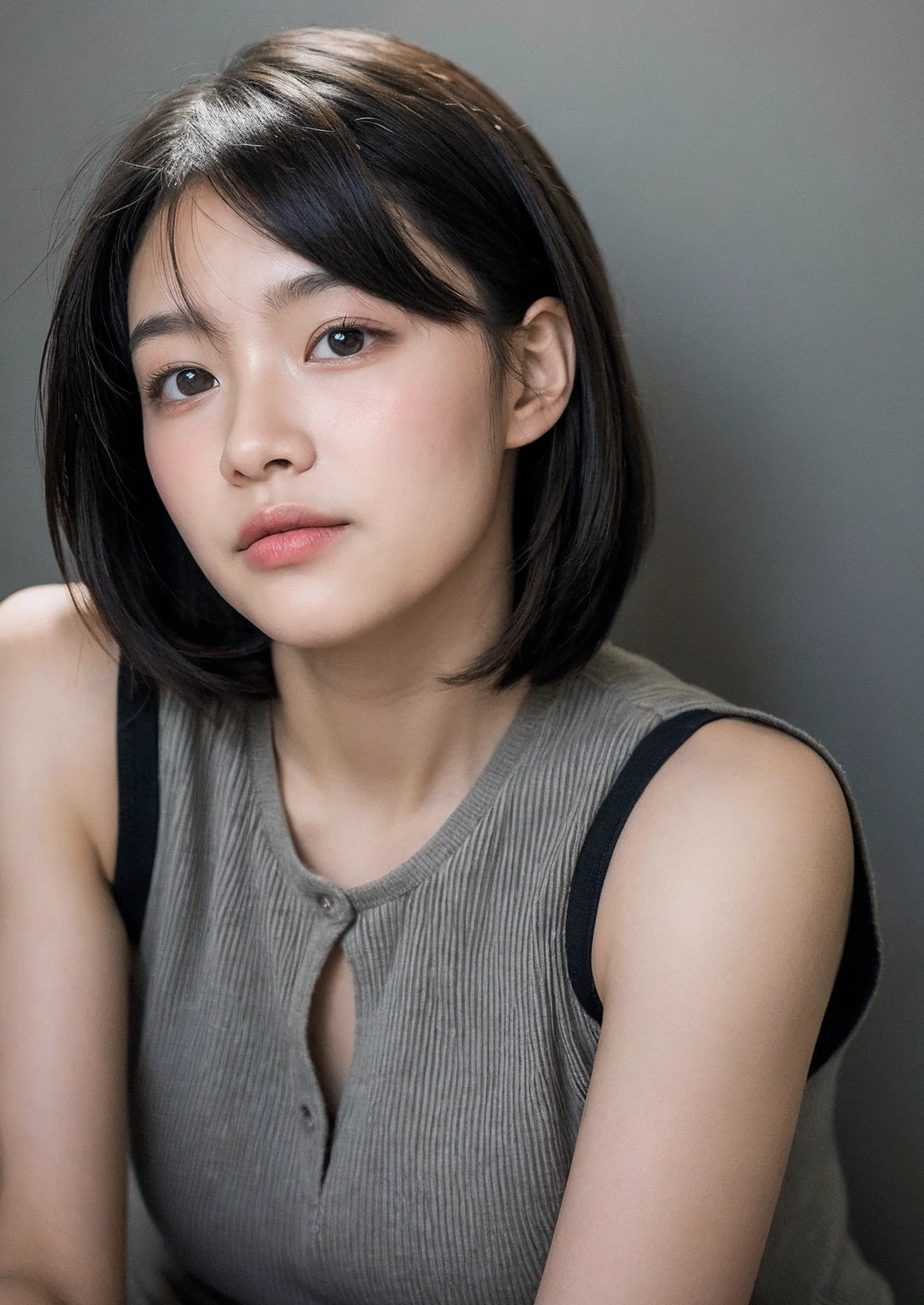 (Masseter muscle area), Realistically, ,Photorealist, One Girl, alone,Beautiful Face、A vivid face、Black-haired、short hair、Beautiful hairstyle、Lips parted, Realistic Skin、Beautiful skins、attractive、Cute blouse、 Upper body,Detailed,Dark Background,Backlight、