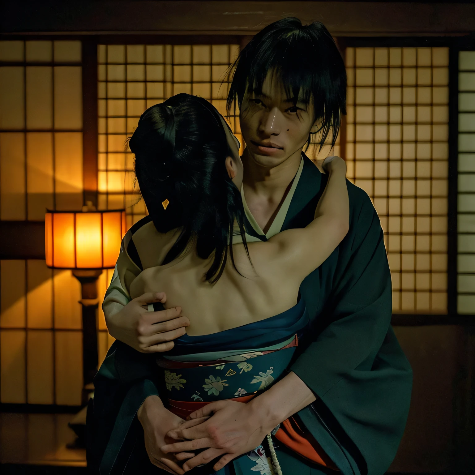 (8K)、(highest quality: 1.2)、(Real)、(Real: 1.37)、Ultra-high resolution、horror film、Dark world、Japan Edo Period、(((Perfect Face)))Japan in the 1700s、In a dimly lit Japanese-style room、An 18-year-old girl wearing an old kimono embraces a -yeld bo