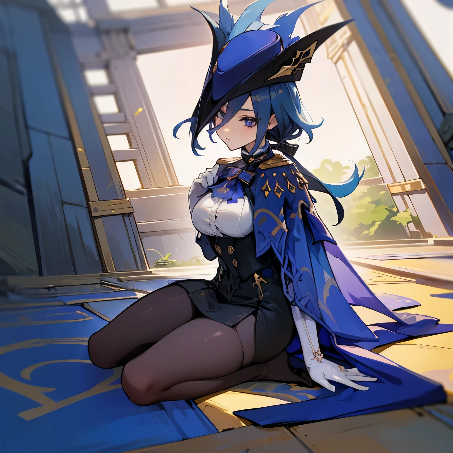 No errors, perfect, masterpiece, beautiful, perfect face,perfect body,clorinde (genshin impact), W sitting, sitting on the ground, hands between legs,medium breast, high detailed, perfect shaped breast