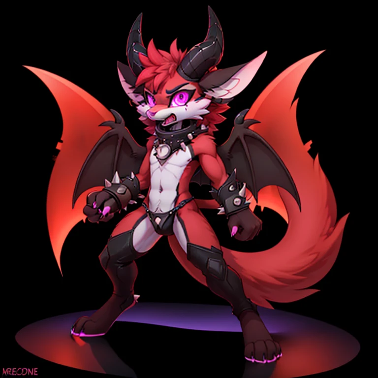 Anthropomorphic male crimson fox, with purple eyes, pink nose, black ears, black sholders, long twirl horns, two tails, white hands, with wings with a spike on top, full body view, evil pose, ready to fight, with an angry, black background, digital art, solo, yelling, arms extended to the sides, looking at viewer, hands opened, long teeths, glowing eyes, weirdcore voidpunk, sfw version