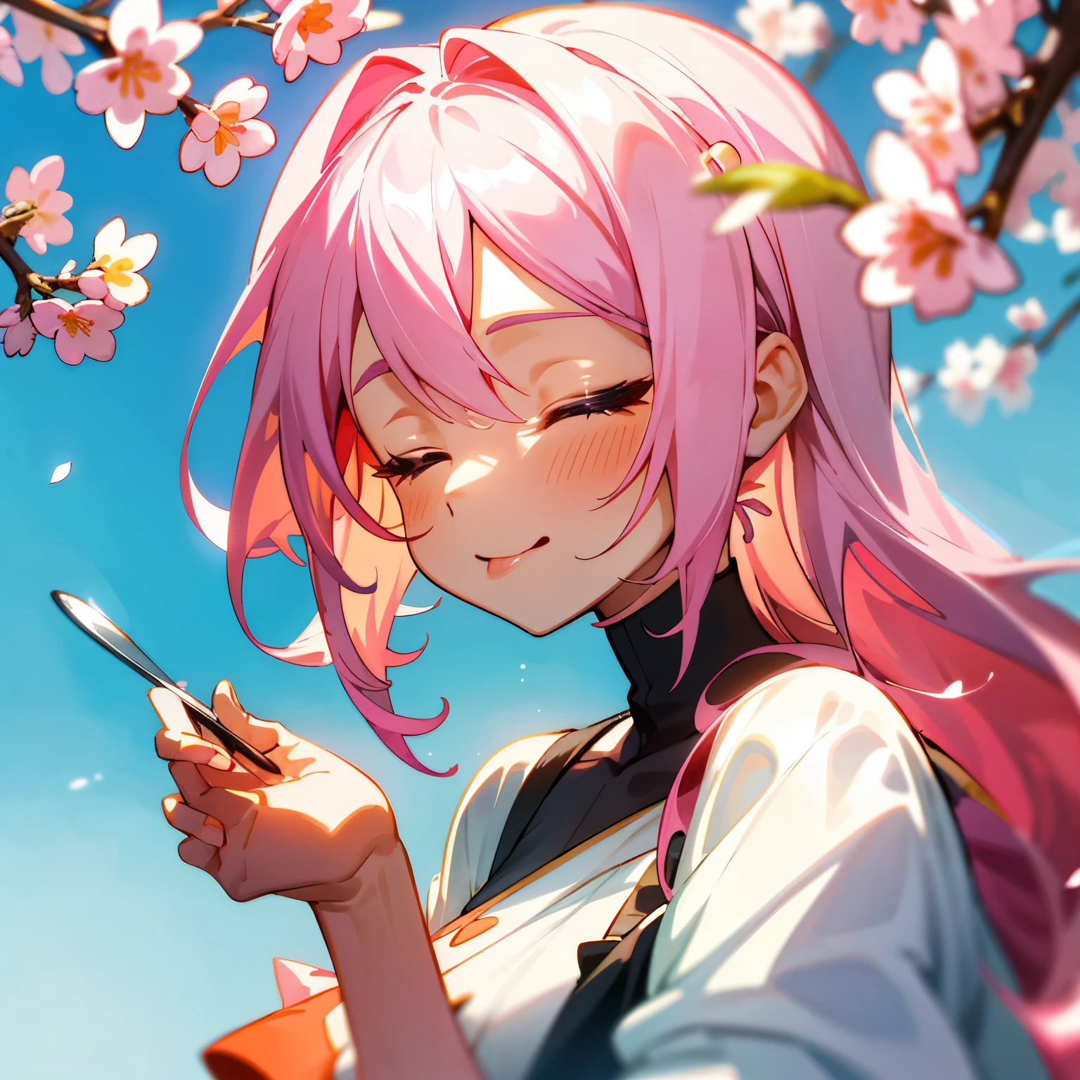 Anime girl enjoying a LoDeli Helados, Savoring every bite, One girl indulges in an ice cream treat, Pink cherry blossom hair cascades down her shoulders, Delicate and playful expression, Sweet gelato melting on her tongue, Licking the spoon, Eyes closed in pure enjoyment,  figure dressed in Sunday best, Summer day sunshine in the background, Delightful and irresistible, Creamy and colorful swirls on the cone, All senses enveloped in the deliciousness, A moment of pure pleasure.