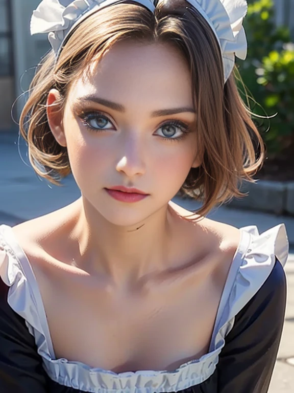 (best quality, 8k, photorealistic:1.5), (solo, one girl:1.5),(shine a bright light on women),(ultimate beautiful girl),(shiny skin),(oily skin),(short hairstyle:1.3),(cool beauty),Blush brown makeup , use pink glossy lipstick,(big beady eyes girl:1.5),(droopy eyes girl:1.5),(blue eyes:1.5),(thin girl:1.5),(),(healthy body),(sex appeal),(sweet smelling girl),(she works for low wages),(she is very sociable),(from a very poor family),(virgin girl),chuuChloe,(impressive eyes:1.5),(clean girl),(affability),(cute),(good personality),(serious personality),(relaxing time),(compassion),(impurity),(love filled),(No love experience),(teenager:1.2),(Lovely),(Maid Costume:1.5)