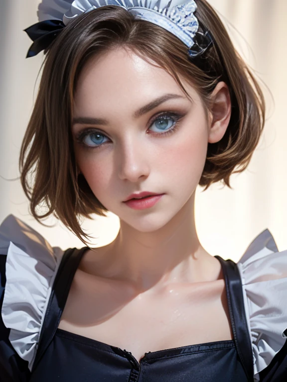 (best quality, 8k, photorealistic:1.5), (solo, one girl:1.5),(shine a bright light on women),(ultimate beautiful girl),(shiny skin),(oily skin),(short hairstyle:1.3),(cool beauty),Blush brown makeup , use pink glossy lipstick,(big beady eyes girl:1.5),(droopy eyes girl:1.5),(blue eyes:1.5),(thin girl:1.5),(baby face),(healthy body),(sex appeal),(sweet smelling girl),(she works for low wages),(she is very sociable),(from a very poor family),(virgin girl),chuuChloe,(impressive eyes:1.5),(clean girl),(affability),(cute),(good personality),(serious personality),(relaxing time),(compassion),(impurity),(love filled),(No love experience),(ager:1.2),(Lovely),(Maid Costume:1.5)