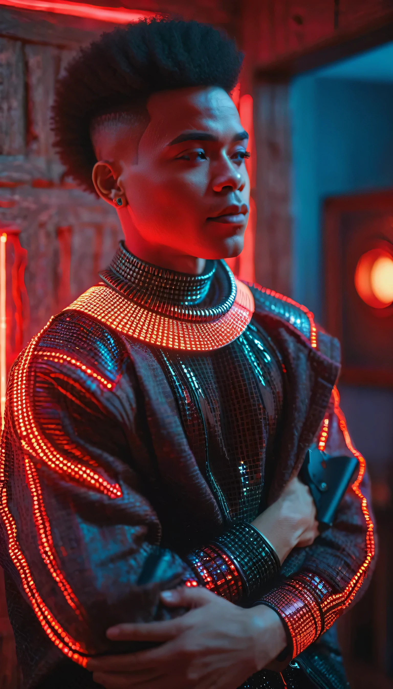 A beautiful light skin man embracing in a house with red lights, short hair, flat top hair, ultra quality, afrofuturism, very detailed, 8K, masterpiece, fashion clothes