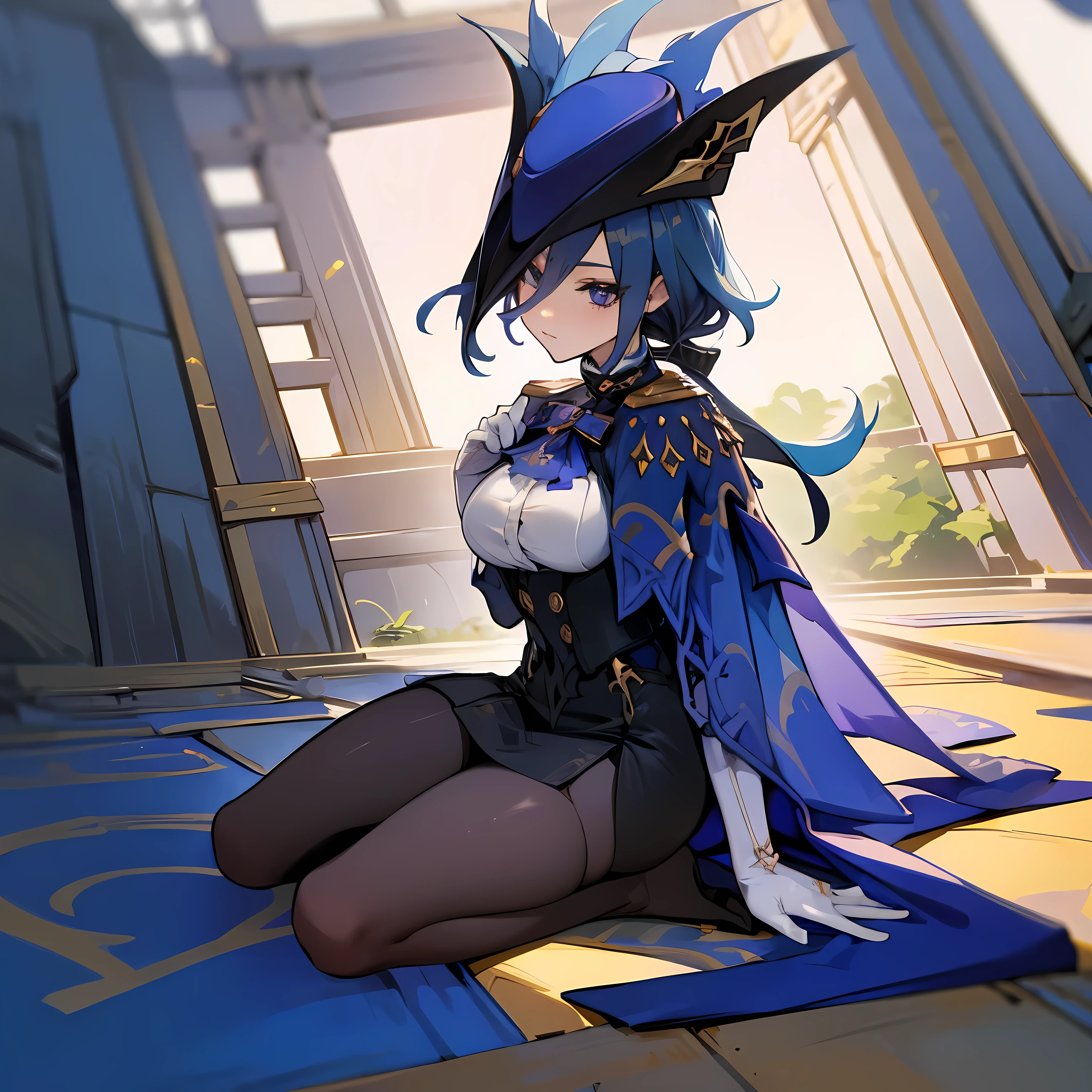 No errors, perfect, masterpiece, beautiful, perfect face,perfect body,clorinde (genshin impact), W sitting, sitting on the ground, hands between legs,medium breast, high detailed, perfect shaped breast