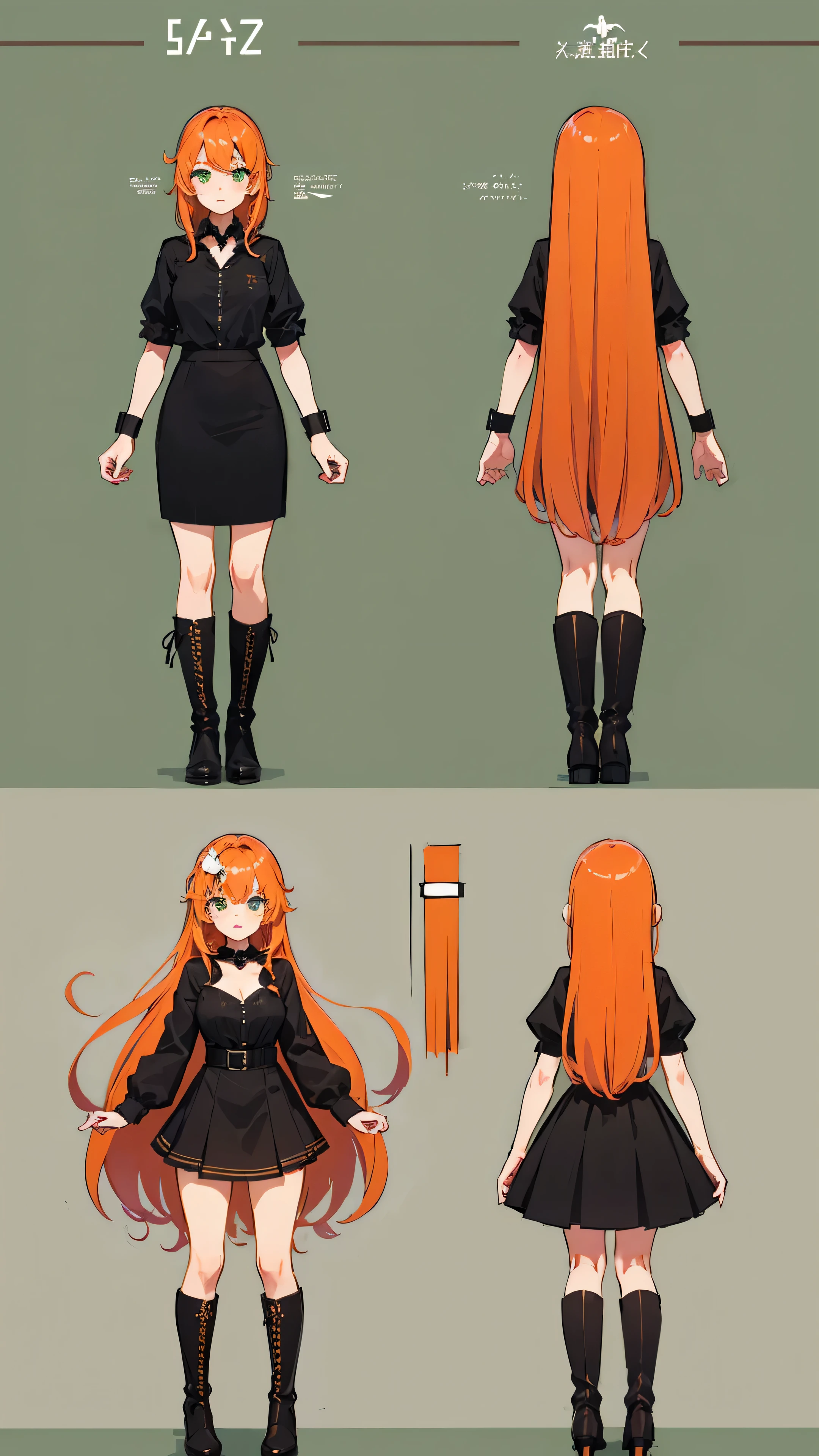 masterpiece,a high resolution,high quality,One,1 girl, long orange hair, green eyes, black shirt, skirt, boots, hourglass shape, reference sheet
