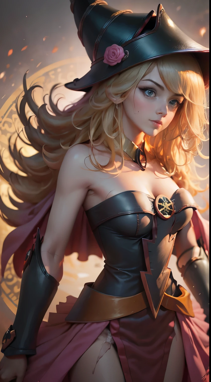 Hermosa joven dark magician gils con cabello rubio y ojos verdes、estilo animado、Little  . Pose sujestiva y . Cara de inocencia cuerpo de pecado. Fondo de magia. Circulos magicos.