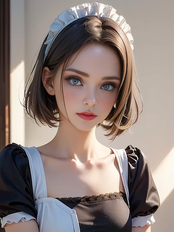 (best quality, 8k, photorealistic:1.5), (solo, one girl:1.5),(shine a bright light on women),(ultimate beautiful girl),(shiny skin),(oily skin),(short hairstyle:1.3),(cool beauty),Blush brown makeup , use pink glossy lipstick,(big beady eyes girl:1.5),(droopy eyes girl:1.5),(blue eyes:1.5),(thin girl:1.5),(baby face),(healthy body),(sex appeal),(sweet smelling girl),(she works for low wages),(she is very sociable),(from a very poor family),(virgin girl),chuuChloe,(impressive eyes:1.5),(clean girl),(affability),(cute),(good personality),(serious personality),(relaxing time),(compassion),(impurity),(love filled),(No love experience),(teenager:1.2),(Lovely),(Maid Costume:1.5)